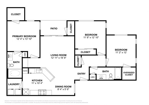 Floor plan for 3 beds, 2 baths, 1223 sqft